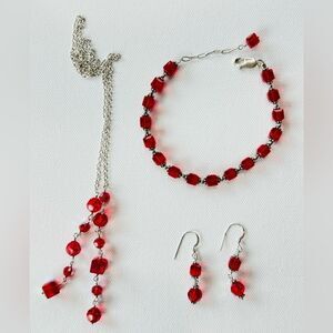 Vintage Sterling Sliver Swarovski Ruby Crystal Necklace, Bracelet & Earrings Set